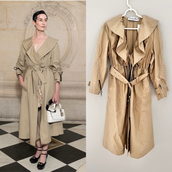 Christian Dior 2023 Trench Coat With Ruffles Beige Cotton Gabardine  Size 2 - Picture 3 of 16